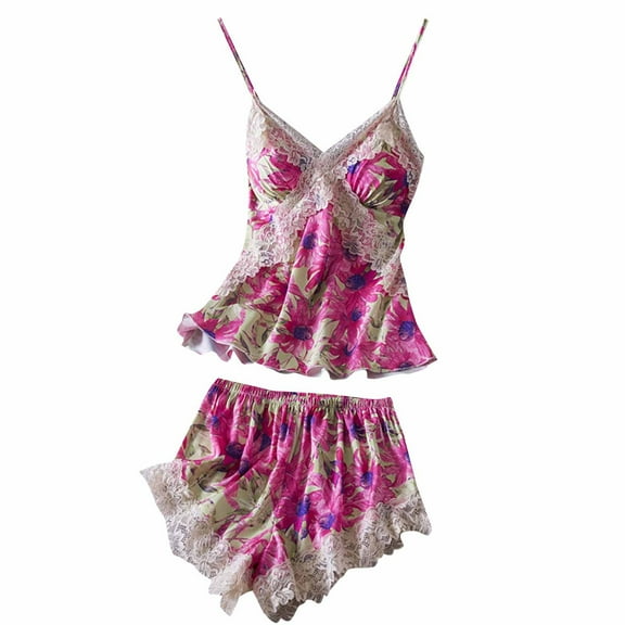 Ladies Nightwear Akafmk Women's Pajama Sets, Silk Pajamas for Women Set, Ladies' Printed Lace Adjustable Camisole Shorts Pajama Set