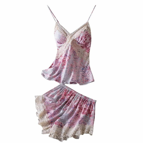 Ladies Nightwear Akafmk Women's Pajama Sets, Silk Pajamas for Women Set, Ladies' Printed Lace Adjustable Camisole Shorts Pajama Set