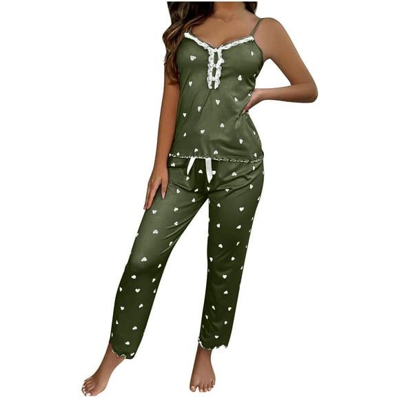 Ladies Nightwear Akafmk Women's Pajama Sets, Women Cami Pajama Set, Women's Fashionable Love Printed Straps Pajamas Pants Home Clothes Pajama Sets