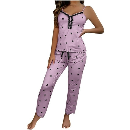 Ladies Nightwear Akafmk Women's Pajama Sets, Women Cami Pajama Set, Women's Fashionable Love Printed Straps Pajamas Pants Home Clothes Pajama Sets