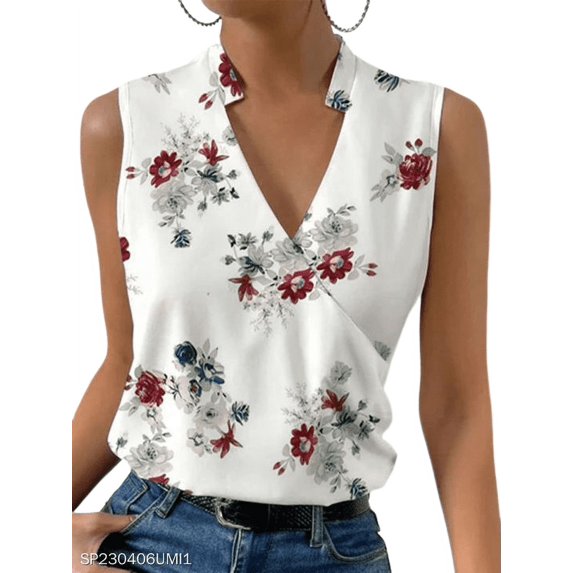 Summer Ladies Printed V Neck Small Stand Collar Sleeveless Shirt