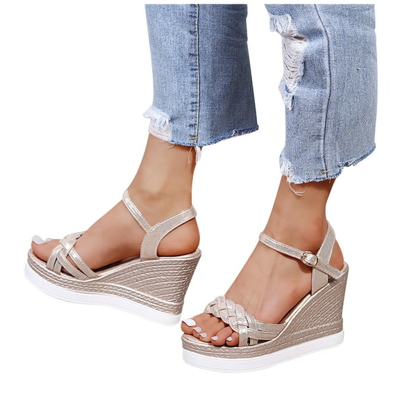Summer Ladies Shoes Fish Mouth Medium Wedge Heel Metal Buckle Women's Sandals