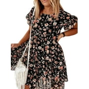 Summer Lady Ruffle Mini A Line Dress New Floral Print Dresses Women Casual O Neck Elegant Butterfly Short Sleeve Party Dress