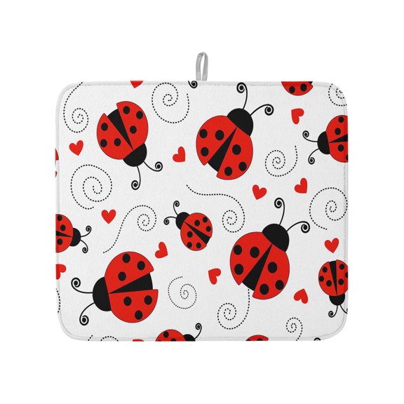 Summer Ladybug Red Love Dish Drying Mats for Kitchen Counter,Absorbent Microfiber Dish Drainer Rack Mat Fun Cartoon Animal Drying Pad for Sinks,Utensils,Countertops,16x18in