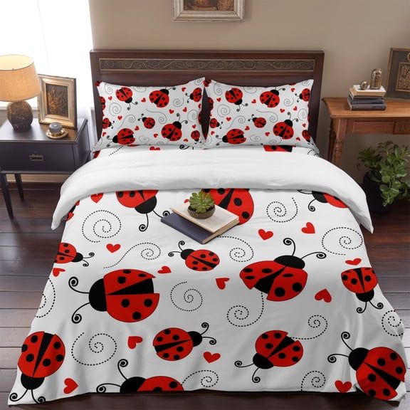 Summer Ladybug Red Love Queen Size Bed Set,Fun Cartoon Animal Bedding for All Seasons,4 Pcs Bed Set,1 Quiltcover (90"x90"),1 Sheet (90"x102"),2 Pillowcases (20"x30")