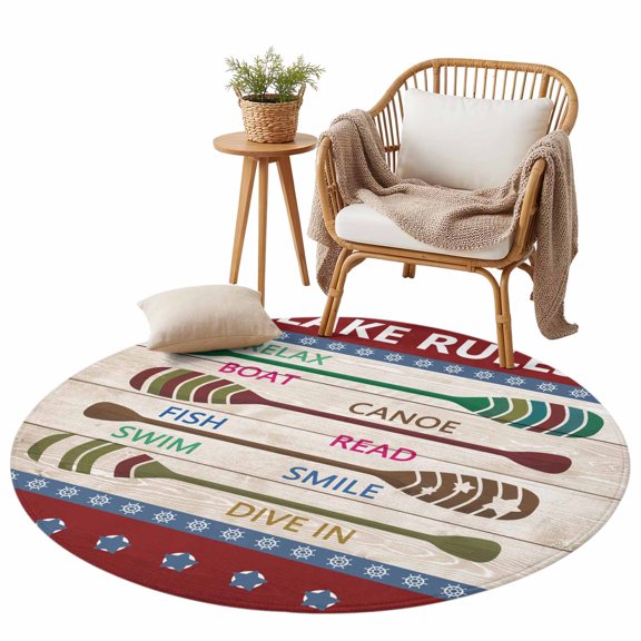 Summer Lake Rules Paddle Area Rug for Bedroom Living Room Rug 3ft, Soft Sponge Cushioned Non-Slip Washable Round Rugs, Farm Wood Grain Red Maroon Round Rugs for Dining Room Office Nursery Home