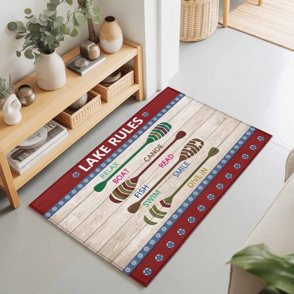 Summer Lake Rules Paddle Rectangle Area Rug 2x3ft,Living Room Rug Non-Slip Washable Circle Rugs Pad,Farm Wood Grain Red Maroon Soft Floor Carpet for Bedroom Dining Room