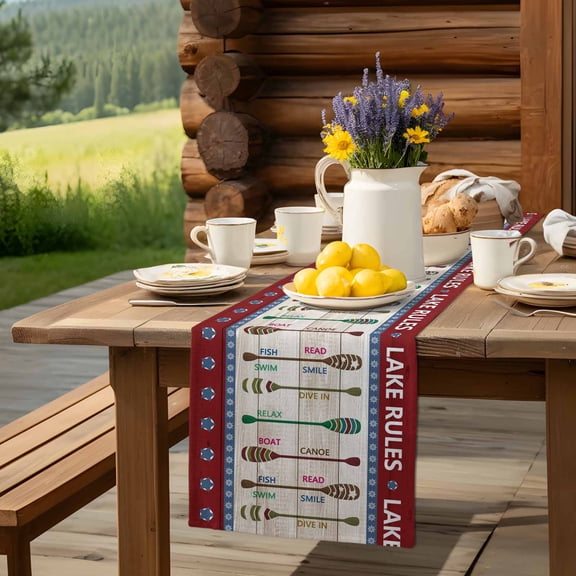 Summer Lake Rules Paddle Table Runner 13x70in Non-Slip Cotton Linen Table Runners, Farm Wood Grain Red Maroon Dresser Scarves TableRunner for Dinner Kitchen Dining Wedding Party