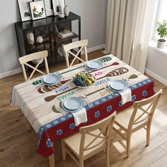 Summer Lake Rules Rectangle Tablecloth 52x70 Inch Quant Star Stripes Wood Grain Waterproof Polyester Tablecloth for Dining Table, Washable Table Cover for Kitchen Dining Room Wedding,Stain Resistant