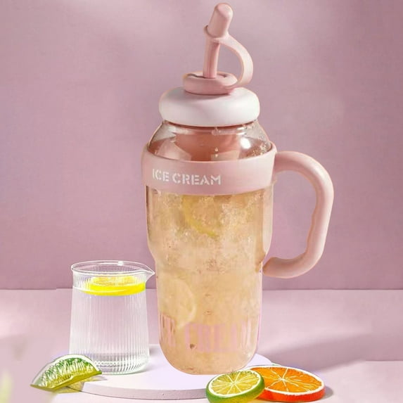 Summer Large Capacity Plastic Cup 1200ml Cute Straw Tumbler with Handle Leakproof Auto Lock Lid Heat and Cold Resistant Reusable Kettle for Shopping Camping Gym Everyday Use