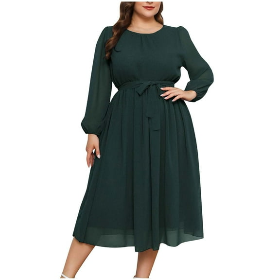 Summer Large Size Long Dresses for Womens 2025 Fashion Casual Solid Color Tie Long Sleeve Round-Neck Dress