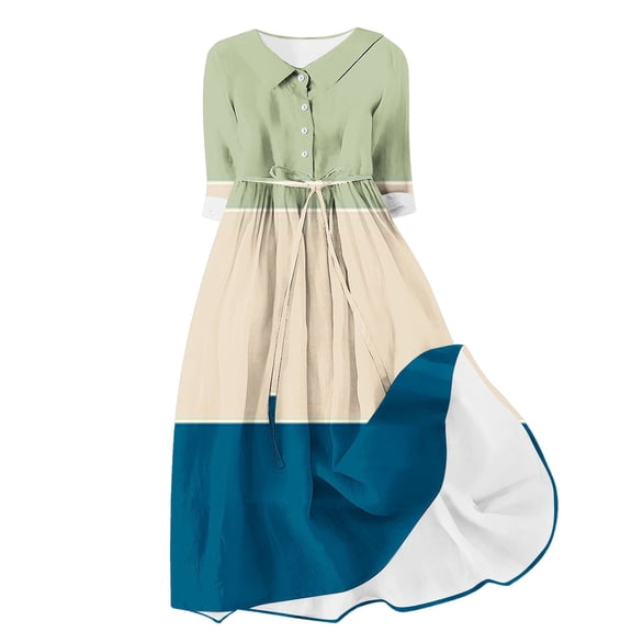 Summer Large Size Long Dresses for Womens 2025 Fashion Printed Leisure Three-quarter Sleeve Turndown Collar Dress