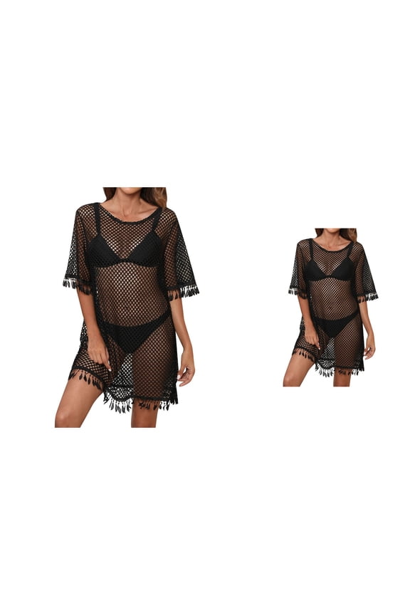 Summer Large Womens Tassel Dress Sexy Hollow-Out Crochet Mesh Beach Cover Up, See-Through Sweater Dress for Swimwear