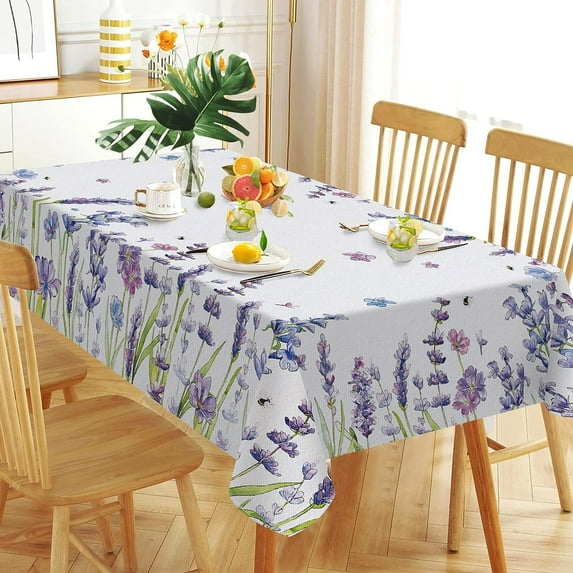 Summer Lavender Flower Rectangle Tablecloth 60 x 84 Inch, Purple Floral Bee Decorative Table Cloth Dining Table Cover, Spring Seasonal Dinner Party Picnic Decoration