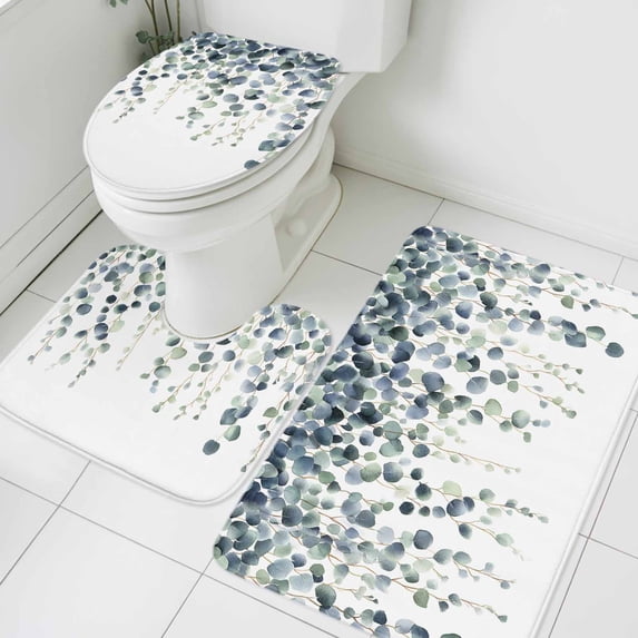 Summer Leaf Bathroom Rugs Set Blue Plant Eucalyptus Leaf Watercolor Non Slip Absorbent Soft Bath Mats 3 Piece Set with Bathroom Rug, U-Shaped Floor Mat, Toilet Seat Cover Small Size