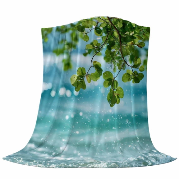 Summer Leaf Fleece Throw Blanket Watercolor Green Branch Blue Lake Water Droplet Country Ultra Soft Fuzzy Cozy Flannel Throw Blanket for Couch Sofa Bed Car Travel, Ideal Gifts 40x50 Inches