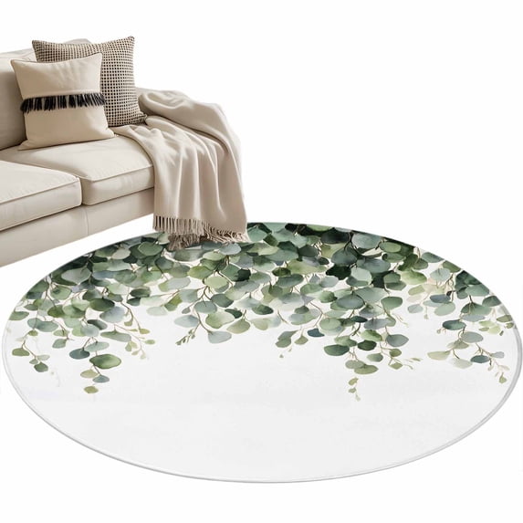 Summer Leaf Round Area&nbsp;Rug 4ft Plant Eucalyptus Leaf Watercolor Non-Slip&nbsp;Washable Circle Rugs Soft Felt Indoor Floor Mat for Bedroom Kitchen Living Room Bathroom