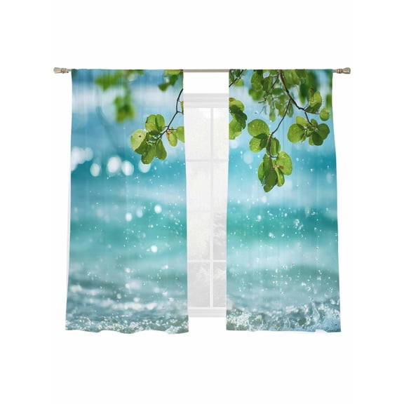 Summer Leaf Sheer Curtains 2 Panels Set Watercolor Green Branch Blue Lake Water Droplet Country Sheer Window Curtains Light Filtering Rod Pocket Voile Drapes for Bedroom Living Room 52"X72"