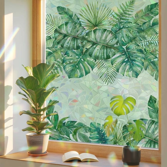 Summer Leaf Window Privacy Film, Watercolor Monstera Palm Leaf Green Tropical Plant Farm Stained Glass Rainbow Film Decorative Window Clings, Static Cling Sun Blocking Stickers 19.6" x 39.3"