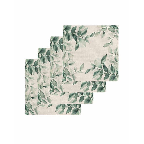 Summer Leaves Kitchen Dish Towels for Drying Dishes Set of 4, Retro Country Botanical Leaf Plants Waffle Weave Microfiber Terry Hand Tea Bathroom Towels Quick Dry & Absorbent Towel 12x12