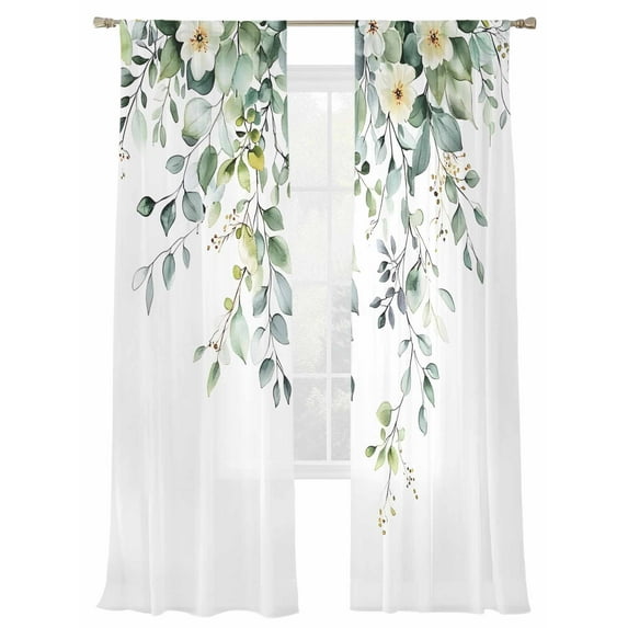 Summer Leaves Plant Sheer Curtains 96 Inch Long 2 Panels, Green Eucalyptus Leaf Light Filtering Rod Pocket Semi Sheer Curtains, Sheer Voile Drapes for Living Room Bedroom, 52"x96"
