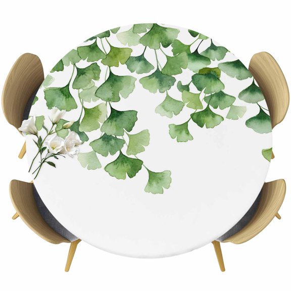 Summer Leaves Round Tablecloth 36-44 Inch Round Fitted Table Cloth with Elastic Edge, Green Leaf Country Botanical Pastoral Waterproof Table Cover Protector for Outdoor Picnic Party Dining