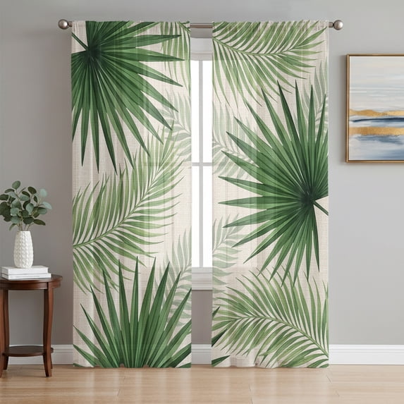 Summer Leaves Sheer Curtains 63 Inch Length 2 Panels Set, Rustic Tropical Palm Leaf Plants Branches Voile Window Treatment Rod Pocket Curtains Sheers Drapes for Bedroom/Living Room/Kitchen 52x"63"x2