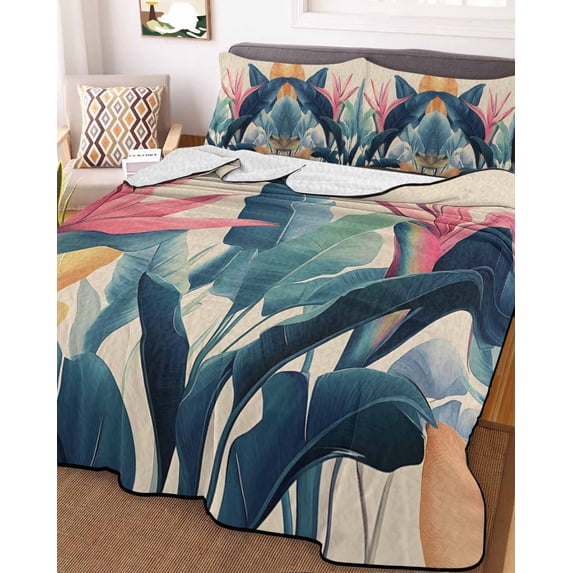 Summer Leaves Twin XL Size Down Alternative Comforter, Lightweight Comforter Quilt Bedding Set with Pillow Shams Retro Country Colorful Tropical Plant All Seasons Bed Comforter Duvet Insert 68"x98"