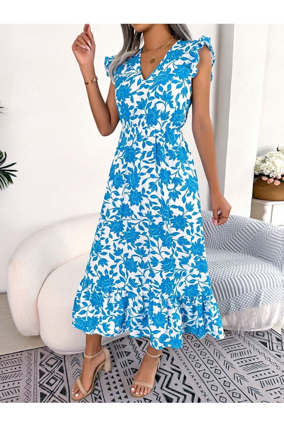Summer Leisure Flowers Closed Waist Long Skirt Holiday Dress Women's Dress