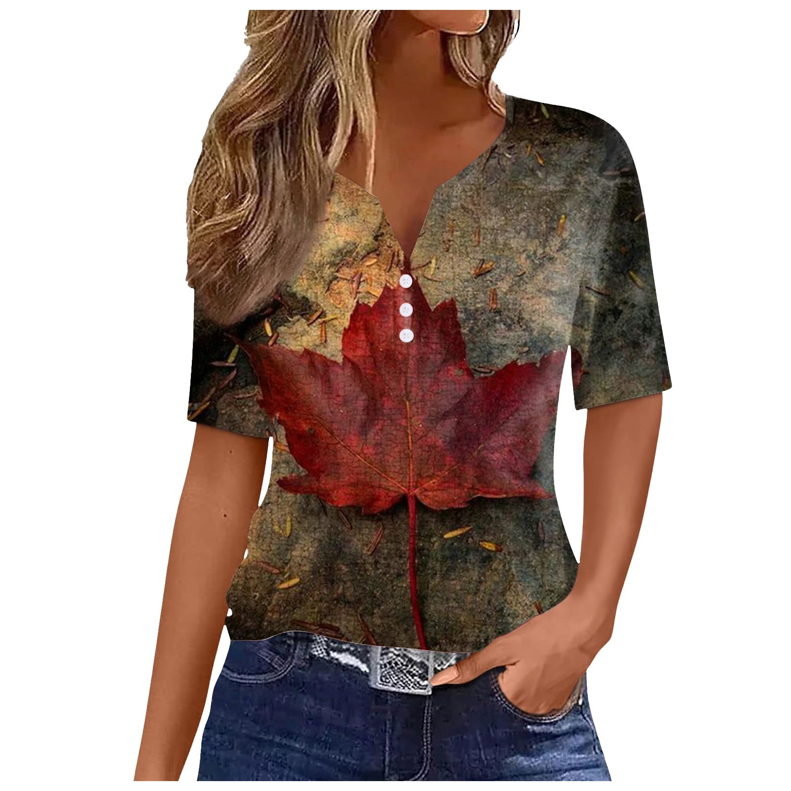 Summer Leisure Tops 2024 Fashion Design Shirts Canada Flag Printed Casual Blouses Cute Shirts for Women Short Sleeve V Neck T Shirts Walmart