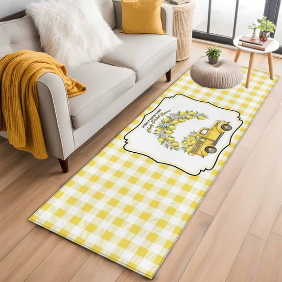 Summer Lemon 2'x6' Runner Rugs for Hallway Kitchen Bedside Non Slip Washable, Yellow Truck Fruits Plants Country Plaid Entryway Rug Runners with Rubber Backing, Long Carpet Runner for Laundry Room