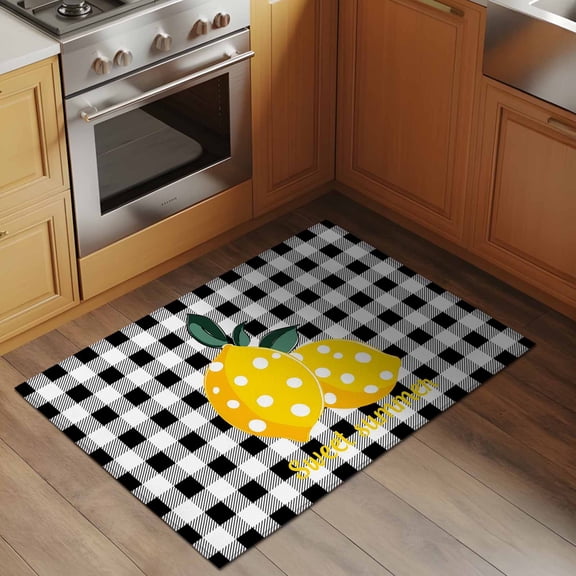 Summer Lemon 2x3 Rug for Entryway Front Door Kitchen Sink Area, Fruit Sweet Summer Black White Plaid Low Pile Washable Non Slip Rectangle Area Rug