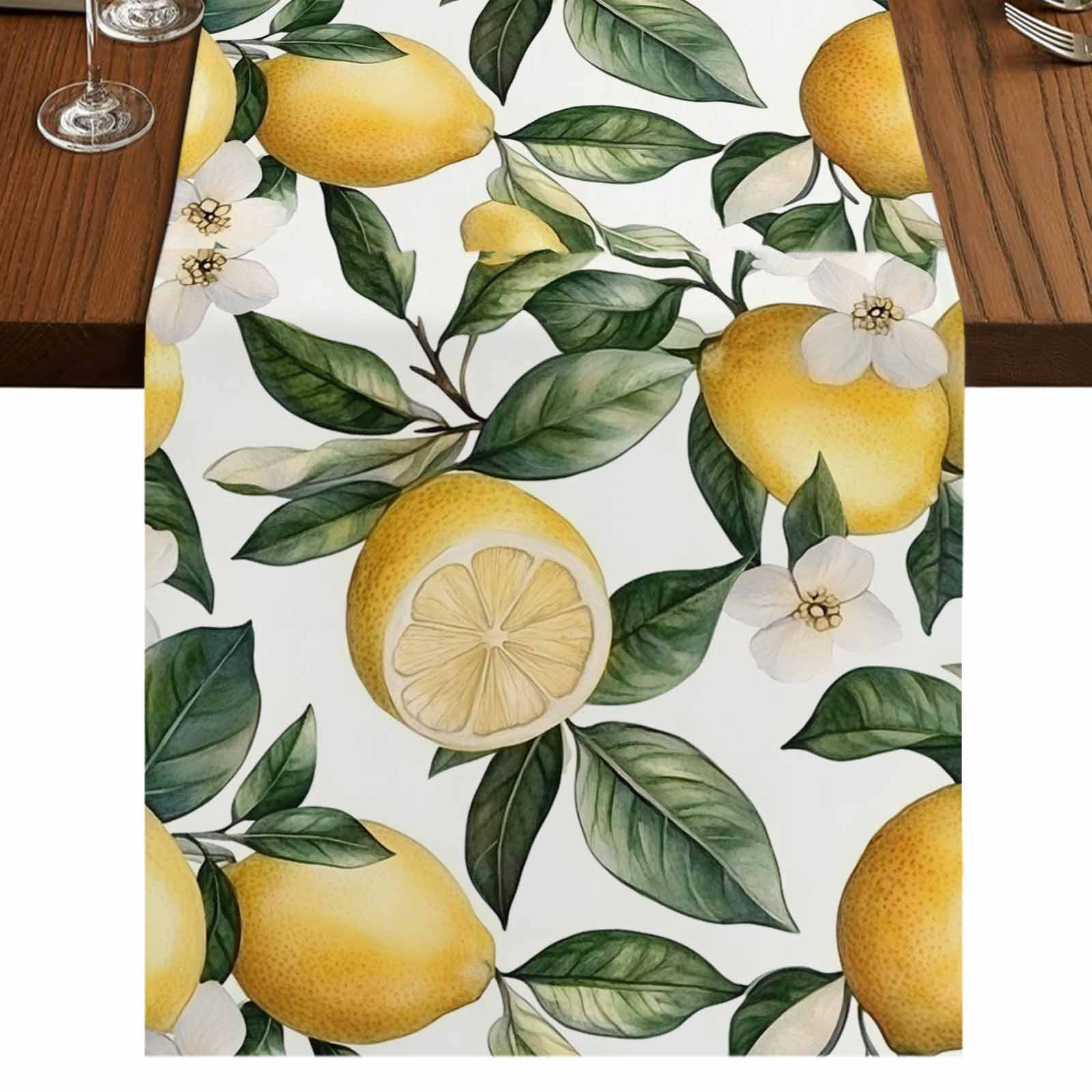 Summer Lemon 36 Inch Table Runner, Farmhouse Pastoral Fruit Floral Leaf ...