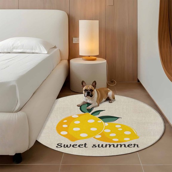 Summer Lemon 3ft Round Rug for Bathroom Accent Bedside Corner, Fruit Sweet Summer Vintage Linen Washable Non Slip Circle Area Rug for Small Spaces