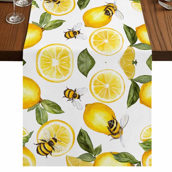 Summer Lemon 70 Inch Table Runner, Bee Green Botanical Yellow Fruits Farmhouse Dresser Scarf Cotton & Linen Tablerunner for Dining/Kitchen Island/Holiday Party Décor 13" x 70"