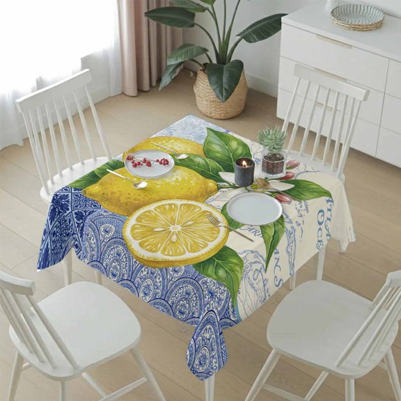 Summer Lemon Abstract Geometric Table Cloth 54x54in, Waterproof Square Tablecloth Wipeable Tablecloths Vintage Map Background Table Covers for Dining Tables Party Indoor Outdoor