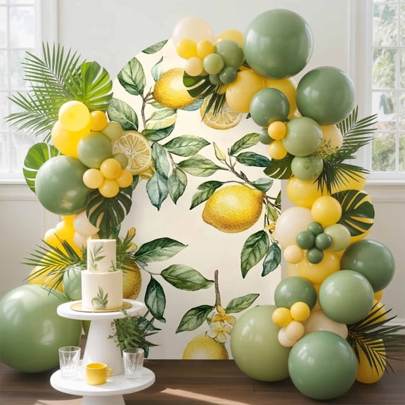 Summer Lemon Arch Backdrop Cover, 5FT, Yellow Flower Leaves Beige Spandex Arch Covers Double-Sided Backdrop for Wedding Birthday Party Photo Background Decoration
