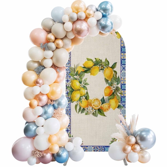 Summer Lemon Arch Backdrop Cover 6 FT National Style Lemon Floral Linen Texture Stretchy Elastic Arch Stand Covers Spandex Arched Background Birthday Wedding Party Decoration (No Stand)