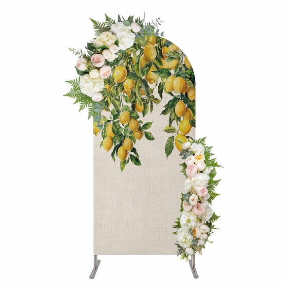 Summer Lemon Arch Backdrop Cover, Spandex Fitted Wedding Arch Cover, Green Botancial Summer Yellow Fruits Rustic Round Top Stand Covers for Birthday Ceremony Bridal Shower Party Decor 4x1.65 Ft