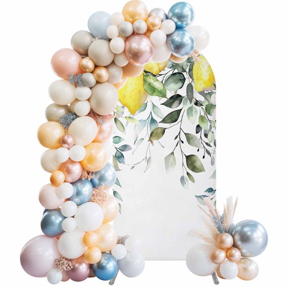 Summer Lemon Arch Backdrop Cover, Spandex Fitted Wedding Arch Cover, Spring Floral Eucalyptus Leaves Botanical Round Top Stand Covers for Birthday Ceremony Bridal Shower Party Decor 5x2.1 Ft