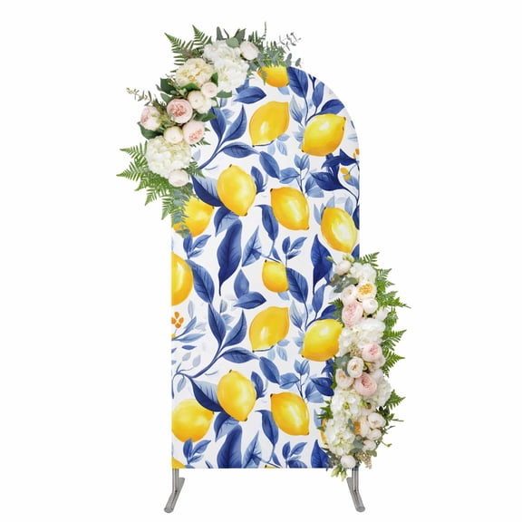 Summer Lemon Arch Backdrop Cover, Spandex Fitted Wedding Arch Cover, Watercolor Yellow Blue Garden Floral Round Top Stand Covers for Birthday Ceremony Bridal Shower Party Decor 4x1.65 Ft