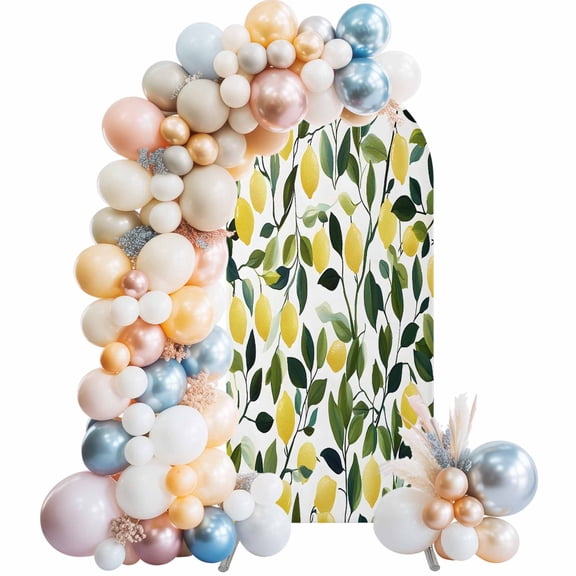 Summer Lemon Arch Backdrop Cover, Spandex Fitted Wedding Arch Cover, Yellow Fruits Pastoral Green Botanical Round Top Stand Covers for Birthday Ceremony Bridal Shower Party Decor 4x1.65 Ft