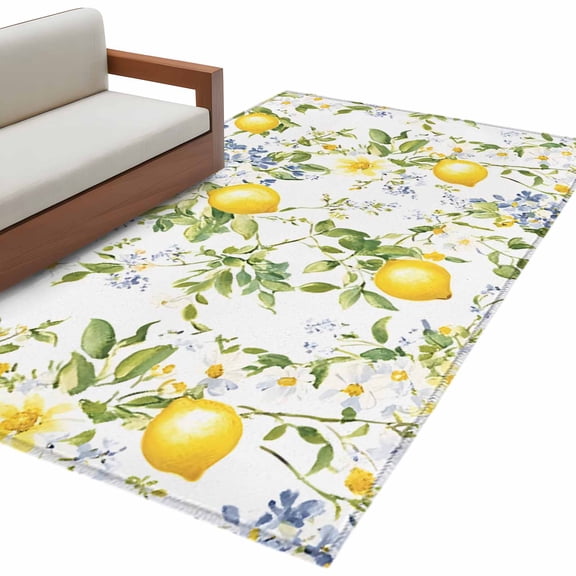 Summer Lemon Area Rug 3x5 FT, Non Slip Entryway Bedside Carpet, Watercolor Yellow Spring Floral Botanical Washable Soft Floor Carpet Indoor Mat Non-Shedding Throw Rug for Dorm Kitchen Home Office