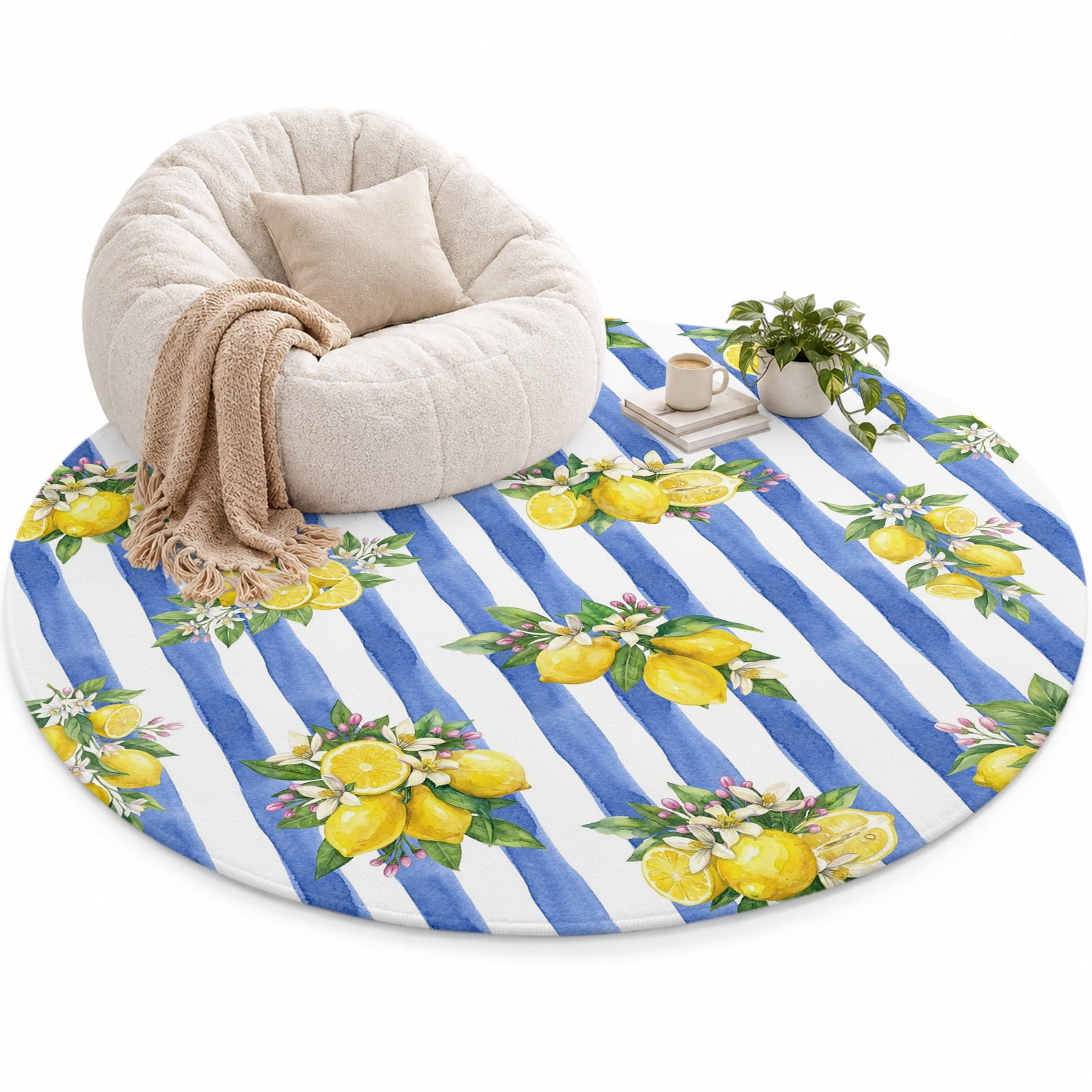 Summer Lemon Area Rug 6', Summer Lemon Floral Blue Stripes Soft Mat Non ...