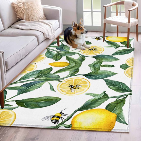 Summer Lemon Area Rugs 4x6 ft Slice Bee Sage Green Leaves Washable Rug Non Slip Indoor Carpet Absorbent Floor Mat for Living Room Bedroom Dining Room