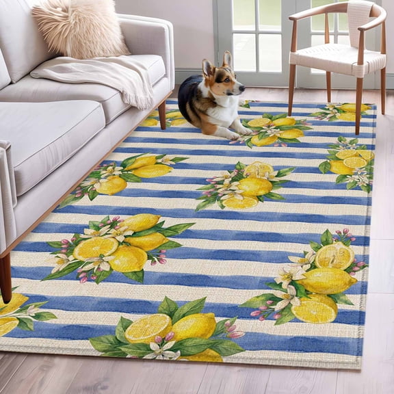 Summer Lemon Area Rugs 4x6 ft Summer Lemon Floral Blue Stripes Linen Texture Washable Rug Non Slip Indoor Carpet Absorbent Floor Mat for Living Room Bedroom Dining Room
