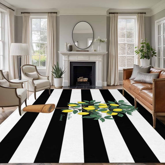 Summer Lemon Area Rugs 5'x7', Washable Small Throw Rugs for Laundry Room Playroom, Black White Striped Potted Plant Indoor Outdoor Rug Non-Slip Low Pile Carpet Runner Reversible Floor Mats