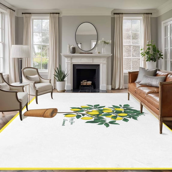 Summer Lemon Area Rugs 5'x8', Washable Small Throw Rugs for Classroom Bedroom, Yellow Potted Plant Green Botanical Indoor Outdoor Rug Non-Slip Low Pile Carpet Runner Reversible Floor Mats