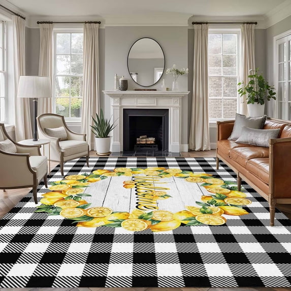 Summer Lemon Area Rugs 6'x9', Washable Small Throw Rugs for Kitchen Dining room, Farmhouse Yellow Fruit Plaid Wooden Grain Indoor Outdoor Rug Non-Slip Low Pile Carpet Runner Reversible Floor Mats