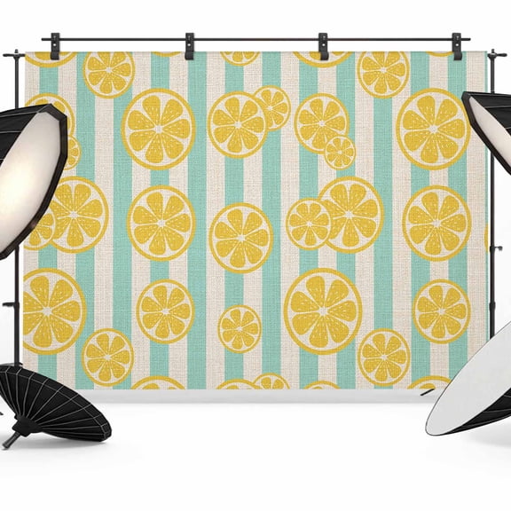 Summer Lemon Backdrop for Photography,Fabric Photo Background Backdrop,Farmhouse Green Stripes Yellow Fruit Photo Booth Background for Portrait Photoshoot Video Wedding Studio Decoration Banner 7x5ft